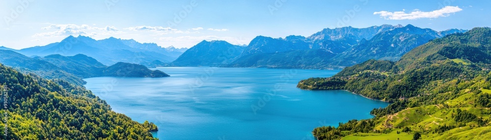 Stunning panoramic view of clear blue lake surrounded by lush green mountains under a bright blue sky. Stunning panoramic view of clear blue lake surrounded by lush green mountains under a bright blue sky.