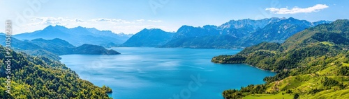 Stunning panoramic view of clear blue lake surrounded by lush green mountains under a bright blue sky.