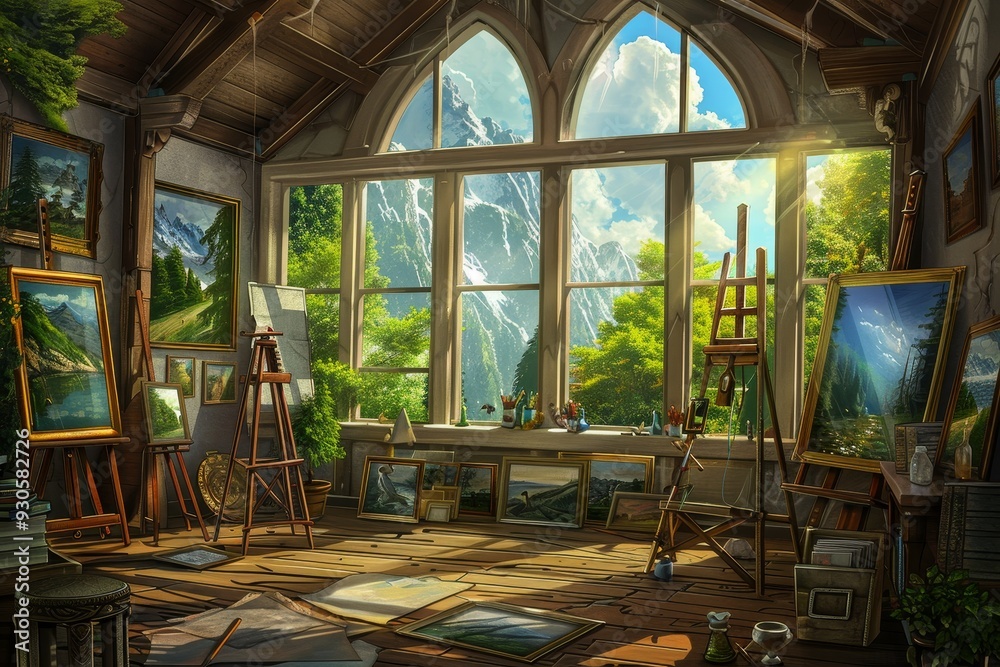 Renaissance Art Studio with Artist Creating a Masterpiece Scene