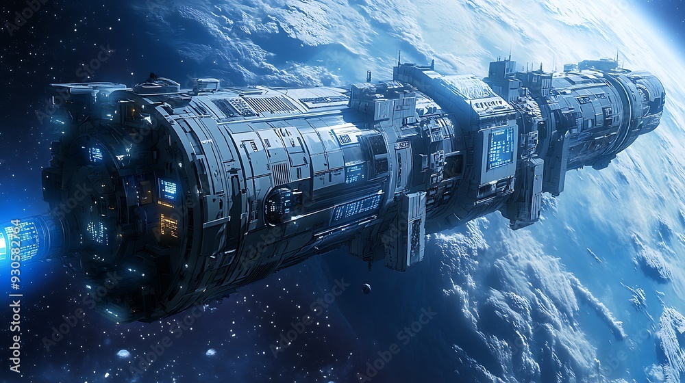 A futuristic space station orbiting a distant planet, with digital controls in view. A futuristic space station orbiting a distant planet, with digital controls in view.
