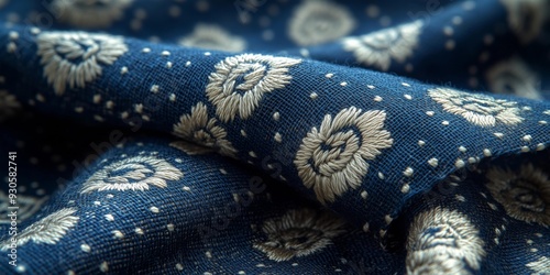 Detailed Embroidery Design with Navy and Ivory Contrast, generative ai