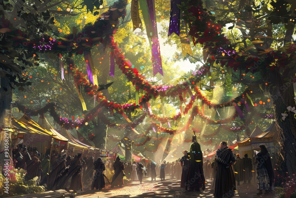 Fototapeta premium Lively Renaissance Festival Scene with Performers and Spectators Celebrating