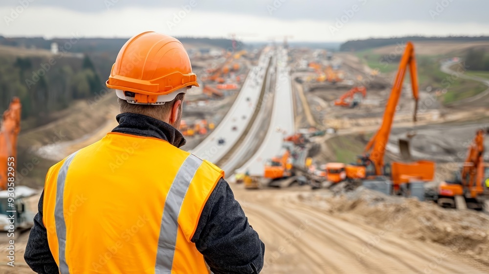 Construction site supervisor monitoring the building of a new highway Construction site supervisor monitoring the building of a new highway