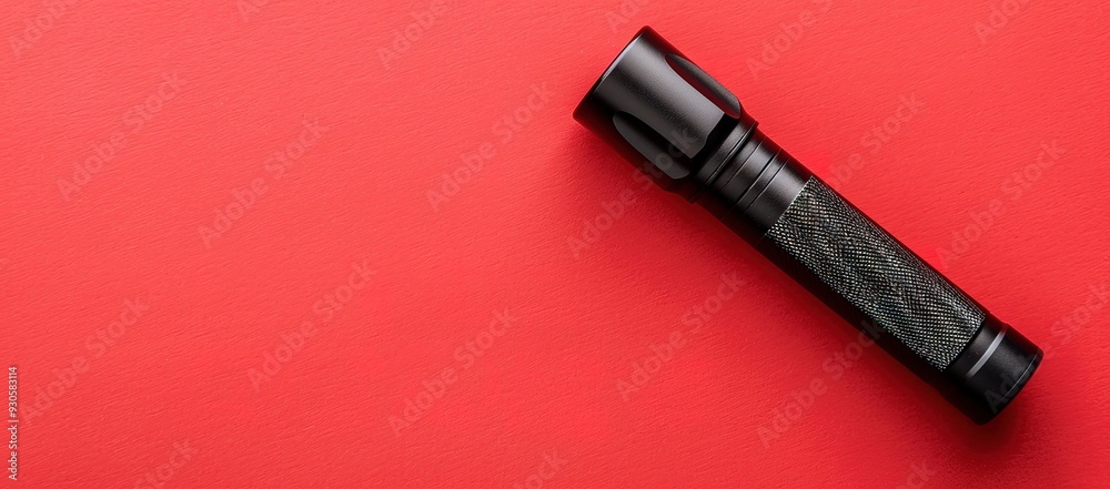 A black flashlight isolated on a red background. A black flashlight isolated on a red background.