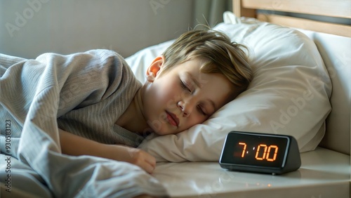  the digital alarm clock on the table showing 7AM, time to wake up in the morning, boy sleeping in a bed,  covered with a white blanket, sunlight, late for school, laziness photo