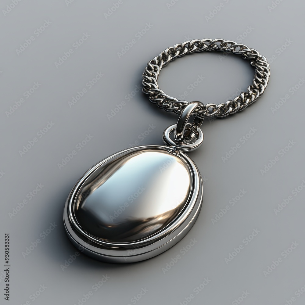 3D Render of Simple Oval Silver Keychain on Grey Background - Minimalist Design, Raw Style 3D Render of Simple Oval Silver Keychain on Grey Background - Minimalist Design, Raw Style