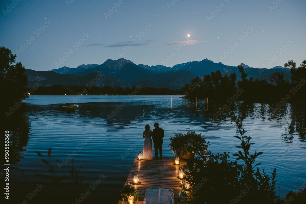 Obraz premium Serene Moonlit Lakeside Wedding with Couple Exchanging Vows