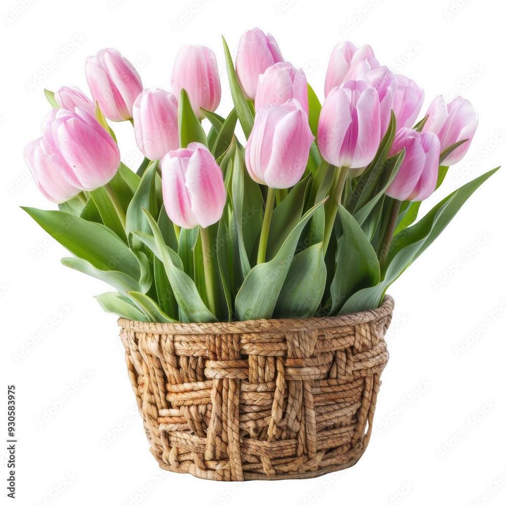 Bouquet of Pale Pink Tulips in Woven Basket Bouquet of Pale Pink Tulips in Woven Basket