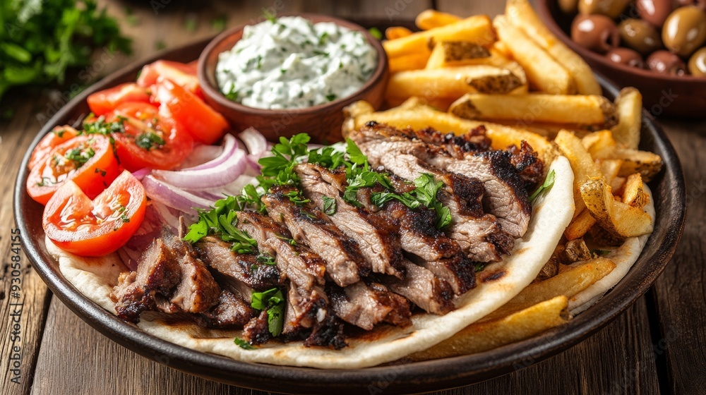 A mouthwatering gyros plate beautifully arranged on a rustic wooden table. A mouthwatering gyros plate beautifully arranged on a rustic wooden table.