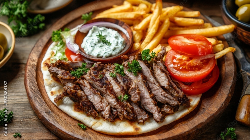 A mouthwatering gyros plate beautifully arranged on a rustic wooden table.