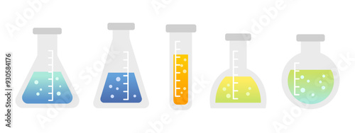 Chemical flasks different shapes with colored liquid set cartoon flat illustration.