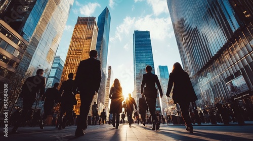 Fototapeta Naklejka Na Ścianę i Meble -  A group of business professionals walking through a city business district, with skyscrapers towering overhead