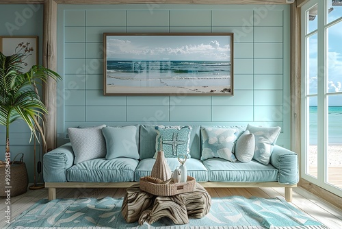 Coastal Living Room with a seafoam green sofa, driftwood coffee table, nautical decor, and panoramic ocean views. Coastal home decor. Template.