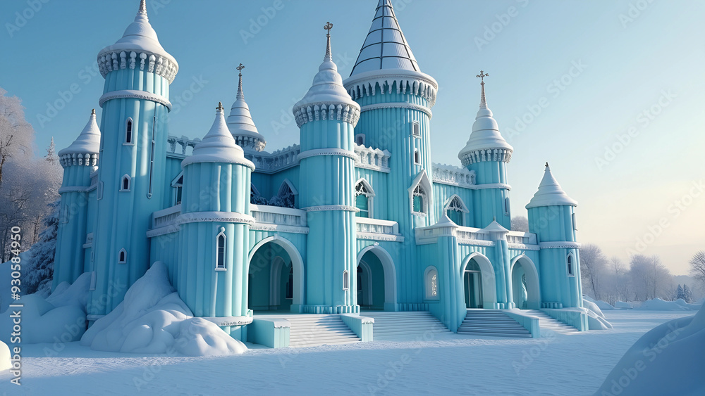 Frozen ice castle building. Fantasy winter holiday palace, tourism landmark sculpture architecture, frost, snow, cold, outdoor Frozen ice castle building. Fantasy winter holiday palace, tourism landmark sculpture architecture, frost, snow, cold, outdoor