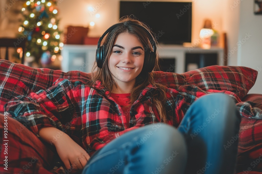 Young woman in cozy pajamas smiles warmly as she relaxes in a festive Christmas themed room embodying warmth comfort and the joy of the holiday season Young woman in cozy pajamas smiles warmly as she relaxes in a festive Christmas themed room embodying warmth comfort and the joy of the holiday season