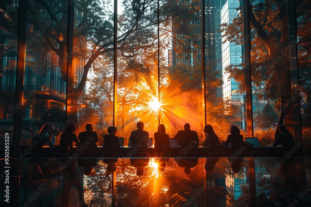Office team meeting: silhouettes of employees and coworkers discussing business strategies and future economic success. Office team meeting: silhouettes of employees and coworkers discussing business strategies and future economic success.