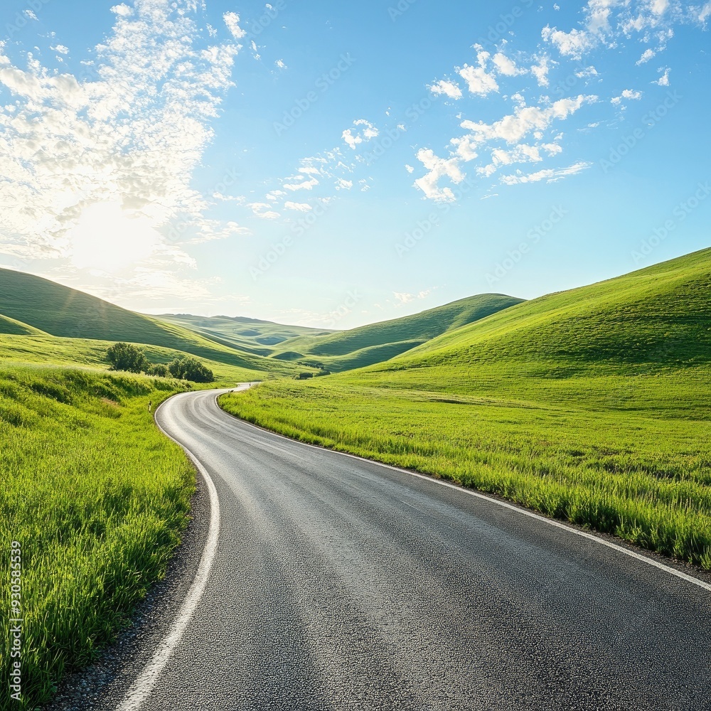 Naklejka premium A serene winding road through lush green hills under a bright blue sky with fluffy clouds, perfect for nature lovers.