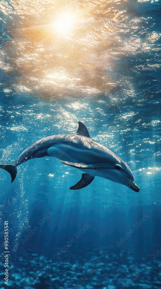 Fototapeta premium A serene underwater scene featuring a dolphin swimming gracefully through sunlit waters, showcasing marine beauty.