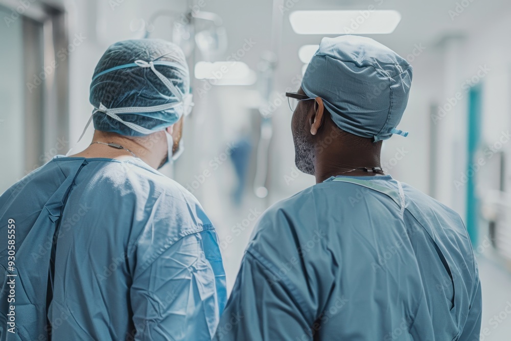 Two male nurses in scrubs, one Asian and the other Black, engaged in an intense discussion on the hospital floor with medical equipment visible Generative AI Two male nurses in scrubs, one Asian and the other Black, engaged in an intense discussion on the hospital floor with medical equipment visible Generative AI