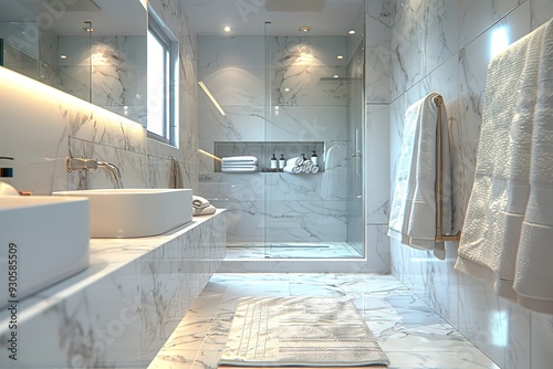 bathroom with marble sink and matching marble floors and walls with shower and frameless wall mirror, towel racks with clean towels and chrome fixtures, shower and LED lights 3D rendered.