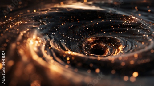 A mesmerizing 3D render of a black hole warping space with a glowing event horizon and starfield background