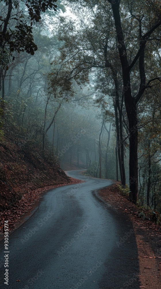 Naklejka premium A winding road through a misty forest, surrounded by tall trees and autumn leaves, evoking a sense of tranquility and mystery.