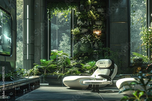 Cybernetic Forest Living Room with biomechanical furniture, holographic projections, and a fusion of technology and nature. Cybernetic home decor. Template, 3D rendered.