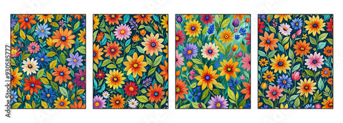 Set of 4 Botanical pattern for printing on wall decorations, covers. Artistic brush strokes.