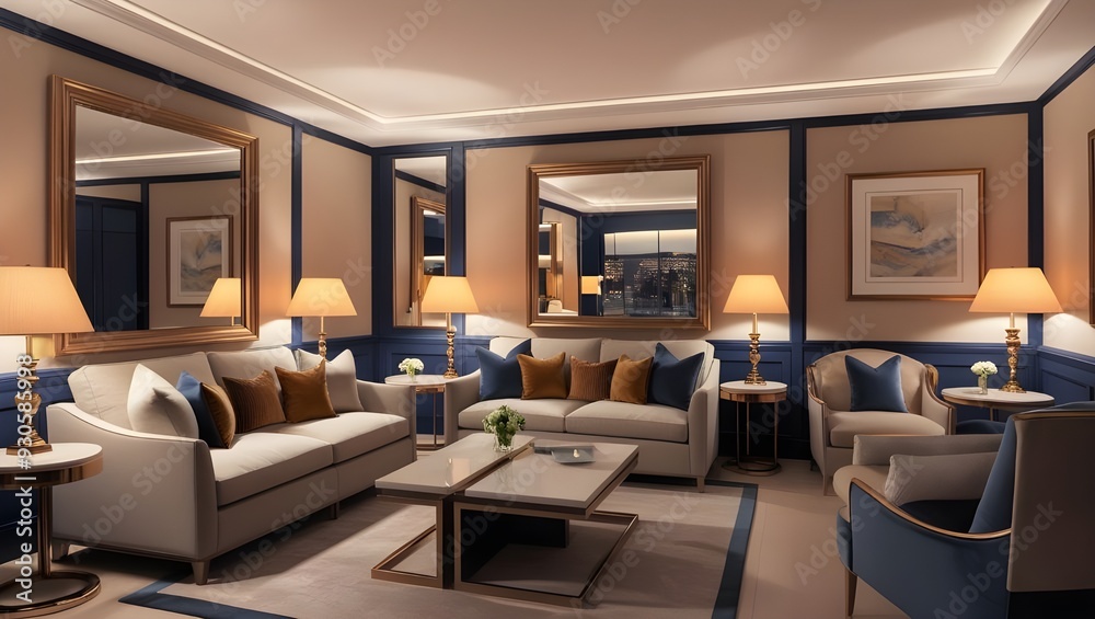 Realistic image of a luxurious hotel room designed to be both inviting and tranquil. The room should feature plush, comfortable sofas with soft, elegant cushions, positioned Realistic image of a luxurious hotel room designed to be both inviting and tranquil. The room should feature plush, comfortable sofas with soft, elegant cushions, positioned