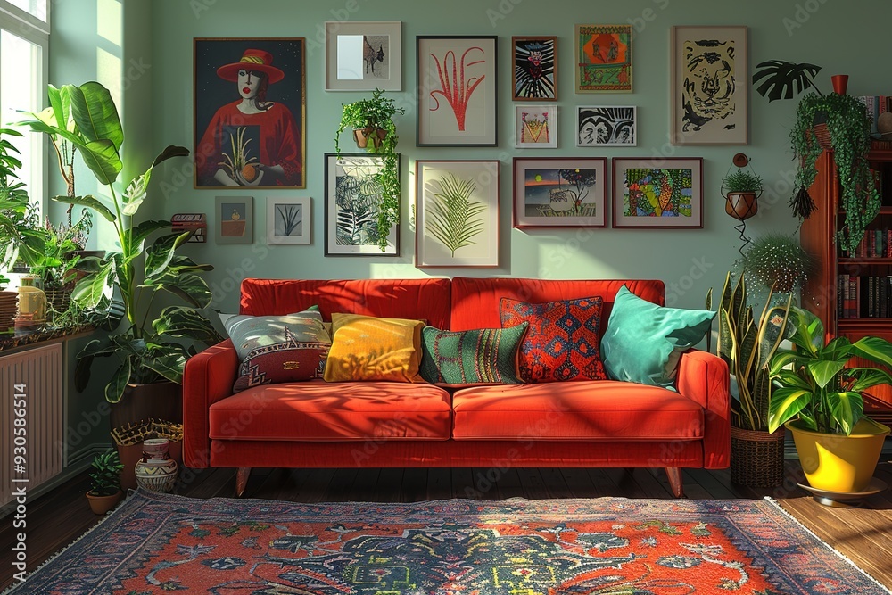 Bohemian Living Room with a vibrant red sofa, eclectic mix of cushions, Persian rug, and a gallery wall filled with artwork. Eclectic home decor. Template.