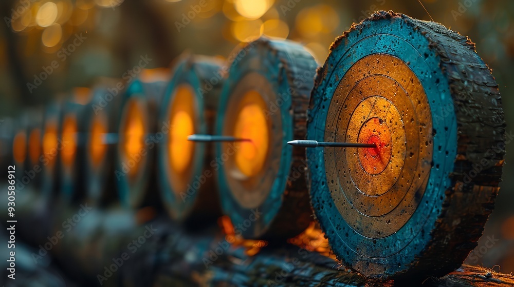 Obraz premium Row of circular archery targets: precision in aiming, hitting the center, and achieving goals in competition or sport.