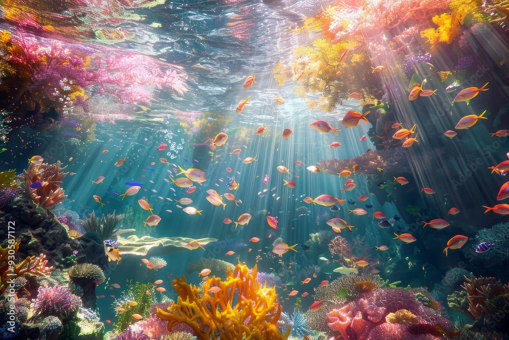 Vibrant Coral Reef Underwater Scene Teeming with Diverse Marine Life. Vibrant Coral Reef Underwater Scene Teeming with Diverse Marine Life.