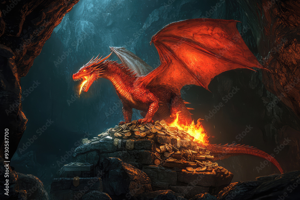 A Majestic Red Dragon Breathing Fire, Guarding Its Treasure in a Dark ...