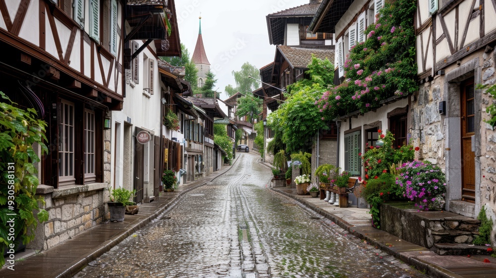 Charming cobblestone street lined with traditional houses and lush greenery, evoking a peaceful, quaint atmosphere on a rainy day. Charming cobblestone street lined with traditional houses and lush greenery, evoking a peaceful, quaint atmosphere on a rainy day.