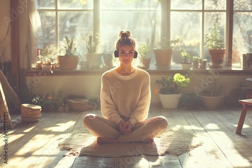 Young woman with her hair in a bun meditates in a sunlit indoor garden embodying peace mindfulness and a connection to nature in a serene natural setting