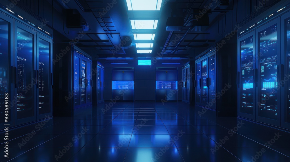 Server Room Interior with Blue Lighting Server Room Interior with Blue Lighting