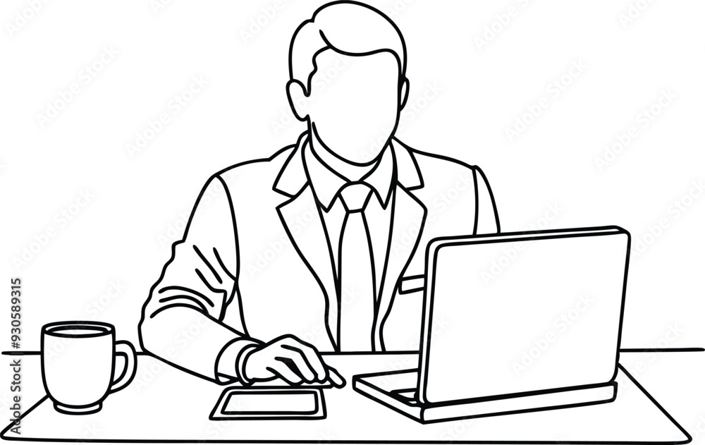 A man working in office line art illustration A man working in office line art illustration