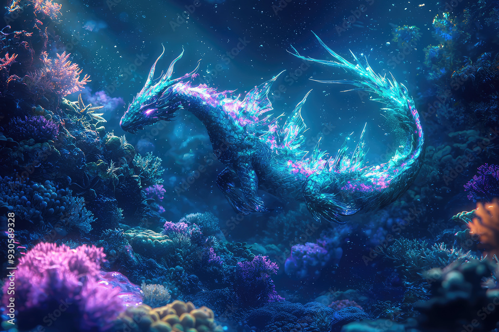 Naklejka premium A majestic bioluminescent dragon graces a vibrant coral reef, illuminating the tranquil underwater world with its mesmerizing colors and ethereal presence.
