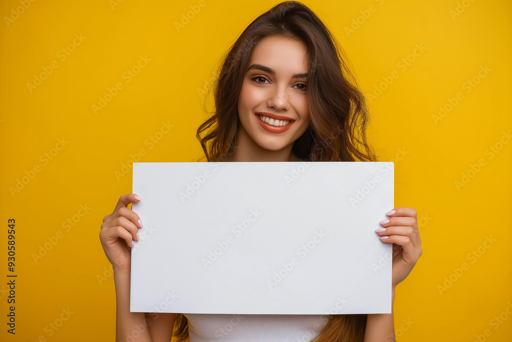 beautiful young woman on a yellow background holding a white board with a place for an inscription. picture for advertising, woman encourages, advertises, generative AI beautiful young woman on a yellow background holding a white board with a place for an inscription. picture for advertising, woman encourages, advertises, generative AI