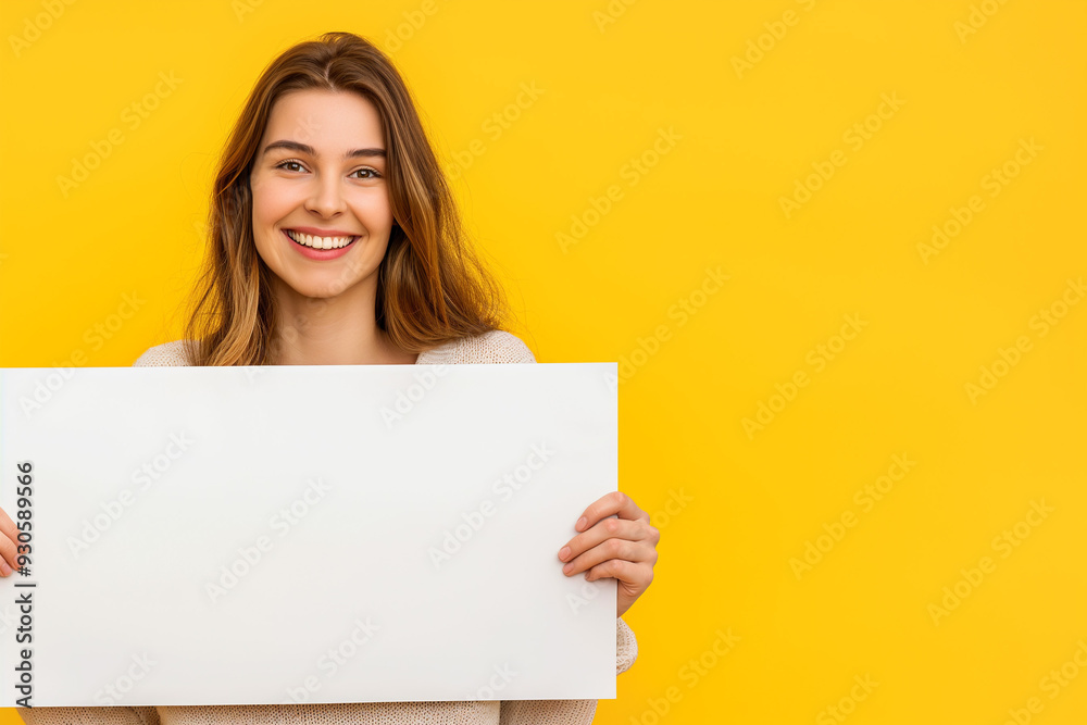 beautiful young woman on a yellow background holding a white board with a place for an inscription. picture for advertising, woman encourages, advertises, generative AI beautiful young woman on a yellow background holding a white board with a place for an inscription. picture for advertising, woman encourages, advertises, generative AI