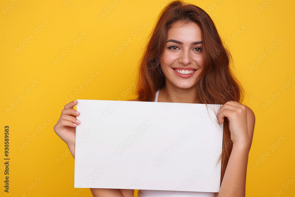 beautiful young woman on a yellow background holding a white board with a place for an inscription. picture for advertising, woman encourages, advertises, generative AI beautiful young woman on a yellow background holding a white board with a place for an inscription. picture for advertising, woman encourages, advertises, generative AI