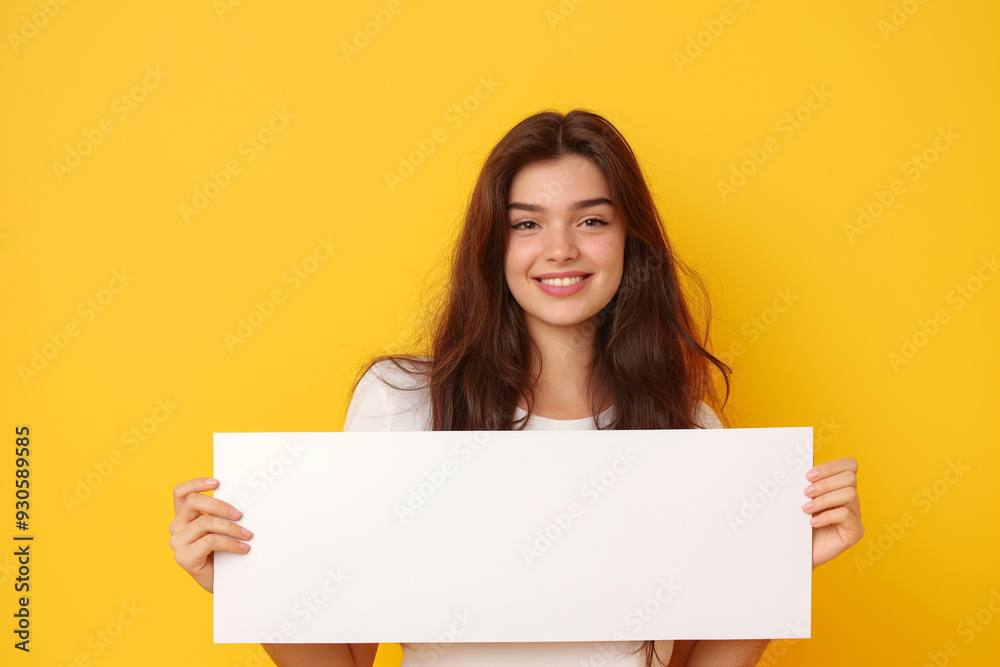 beautiful young woman on a yellow background holding a white board with a place for an inscription. picture for advertising, woman encourages, advertises, generative AI beautiful young woman on a yellow background holding a white board with a place for an inscription. picture for advertising, woman encourages, advertises, generative AI