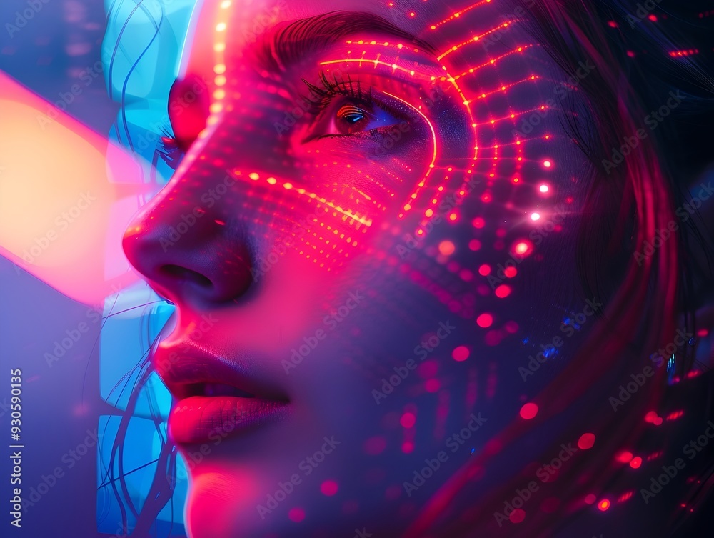 Futuristic Digital Portrait of Woman with Geometric Patterns and Neon Lights Illuminating Her Face Digital Art Concept Futuristic Digital Portrait of Woman with Geometric Patterns and Neon Lights Illuminating Her Face Digital Art Concept