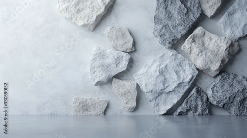 An arrangement of various stone fragments against a gray wall, showcasing different sizes and textures of rocks, perfect for use in modern and natural design projects. photo