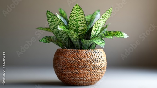 Decorative snake plant in woven basket, indoor