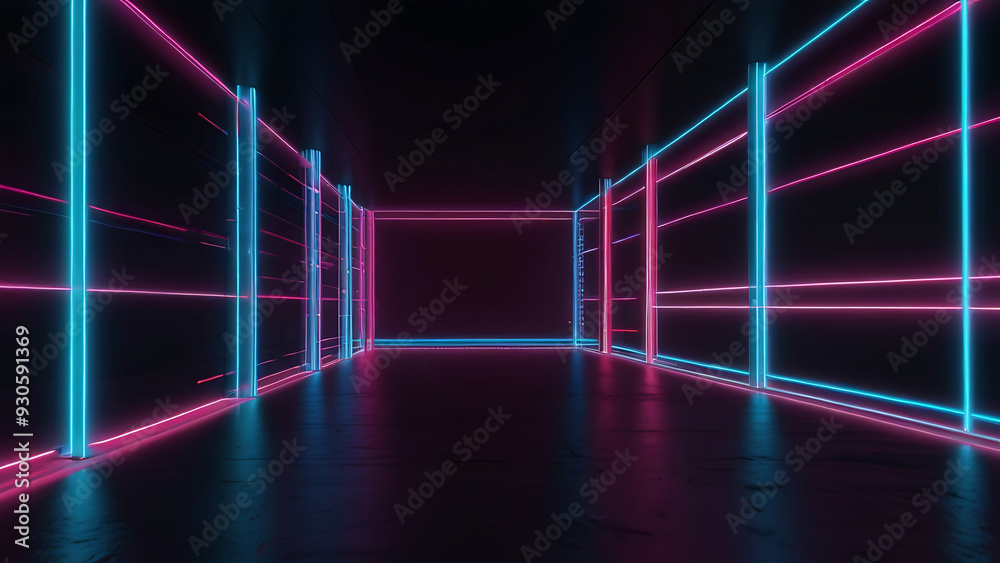 abstract minimal neon background, pink blue neon lines going up, glowing in ultraviolet spectrum. Cyber space. Laser show. Futuristic wallpaper.