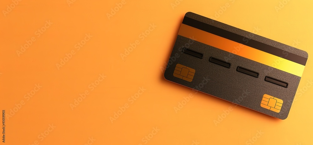 Black credit card with gold accents on an orange background. Black credit card with gold accents on an orange background.