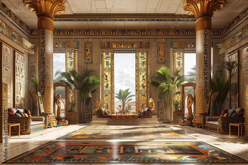 Ancient Egyptian Palace Parlor with hieroglyphics, luxurious furnishings, and an ancient Egyptian palace-inspired, regal ambiance. Ancient Egyptian palace home decor.