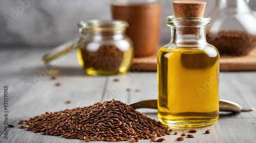 single raw flaxseed oil prepared for ingredient isolated on kitchen background