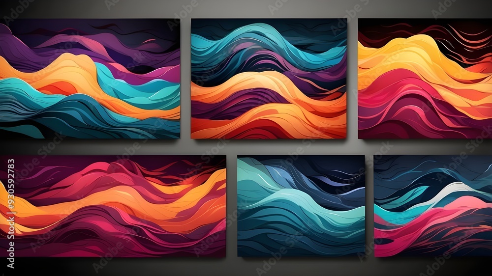 A set of abstract wave patterns in vibrant colors, flowing across a dark background, ideal for modern design projects. A set of abstract wave patterns in vibrant colors, flowing across a dark background, ideal for modern design projects.